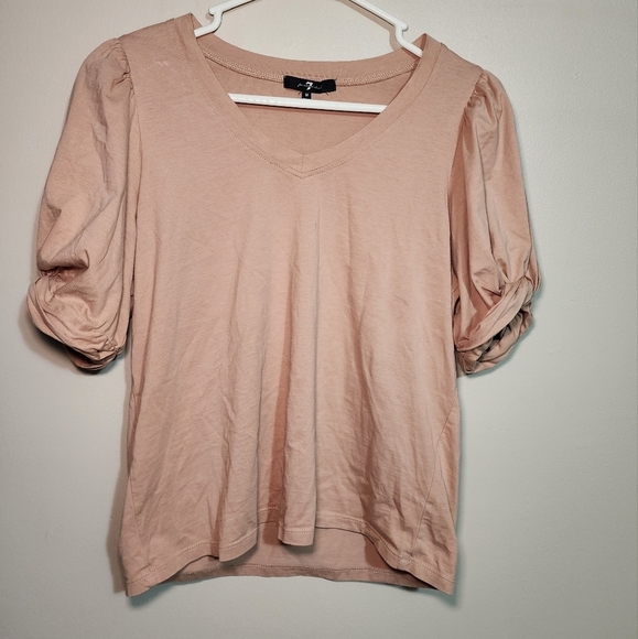 Seven for all Mankind Shirt Size Medium Tan Ruched Puff Sleeve V Neck Top‎ - Picture 1 of 6